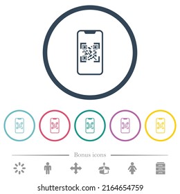 QR code scanning on modern smartphone flat color icons in round outlines. 6 bonus icons included.