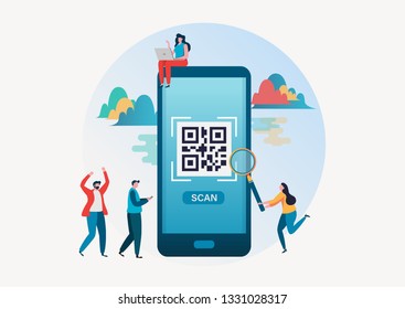 QR Code Scanning. People Scan Qr Code For Payment Via Smartphone. Flat Vector Illustration Modern Character Design For A Landing Page, Banner, Flyer, Poster, Web Page.