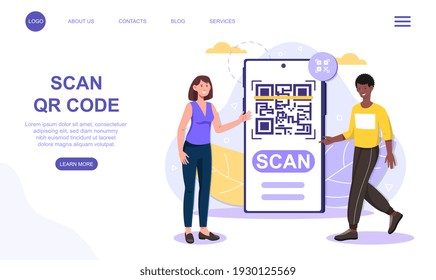 QR code scanning, people use smartphone and scan for payment. Flat abstract metaphor cartoon vector illustration concept on isolated white background. website web page landing page ui template design