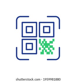 QR Code Scanning. QR Code Reader App concept. Icon Recognition or Reading QR Code in flat style. Green and Blue Scanner Application line icon. Vector illustration.