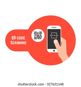 qr code scanning in red bubble. concept of ecommerce, gadget, read bar code, mobility, generating app, coding. isolated on white background. flat style trend modern design vector illustration