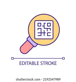 Icono de color RGB de exploración de código QR. Identificar código de respuesta rápida. Reconocimiento automático. Verificación de contenido. Ilustración vectorial aislada. Dibujo de línea simple relleno. Trazo editable. Tipo de letra arial utilizado