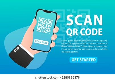 QR code scanning service banner. Validation concept. Smartphone and scan QR code for payment and use for landing page, template, UI, web app, mobile app, poster, banner, flyer. Vector illustration