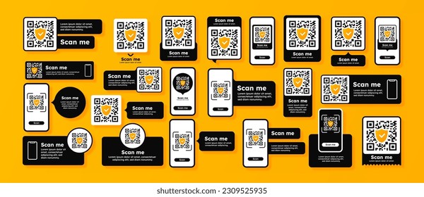 QR code scanning set. Barcodes with inscriptions on smartphone screen. Electronic commerce and digital marketing. Identification and inventory. Flat vector collection isolated on white background