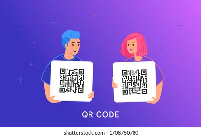 QR code scanning and sharing. Gradient vector illustration of smiling teenage friends holding a cards with generated qr-codes for quick payment, shopping, billing online and identification.