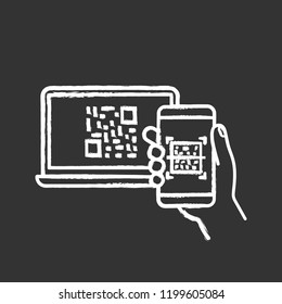 QR code scanning smartphone app chalk icon. Barcode authorization. Mobile phone reading barcode on PC. Matrix code displayed on laptop scanning with smartphone. Isolated vector chalkboard illustration