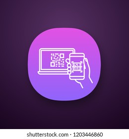 QR code scanning smartphone app icon. Barcode authorization. Mobile phone reading barcode on PC. Matrix code displayed on laptop scanning with smartphone. UI/UX interface. Vector isolated illustration