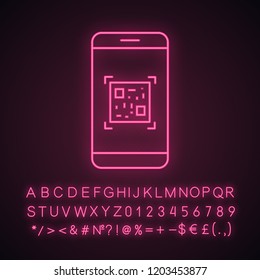 QR code scanning smartphone app neon light icon. Matrix barcode scanner. 2D code mobile phone reader. Glowing sign with alphabet, numbers and symbols. Vector isolated illustration