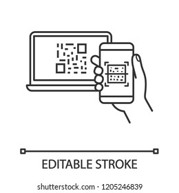 QR code scanning smartphone app linear icon. Barcode authorization. Mobile phone reading barcode on PC. Code displayed on laptop scan with smartphone. Vector isolated outline drawing. Editable stroke