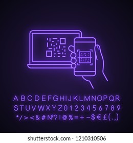 QR code scanning smartphone app neon light icon. Mobile phone reading barcode on PC. Matrix code displayed on laptop. Glowing sign with alphabet, numbers. Vector isolated illustration