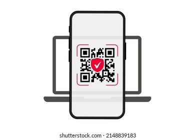 QR Code. Scanning QR code with smartphone on laptop screen. Barcode scanner technology. Qr Verification Concept. Machine-readable barcode on device screen. Qr code for payment, e-wallet, web, app