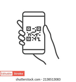 QR code scanning in smartphone screen. Hand holding Mobile phone. Simple line icon style, barcode scanner for pay, web, mobile app. Vector illustration isolated. Editable stroke EPS 10.