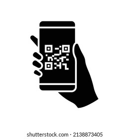 QR code scanning in smartphone screen. Hand holding Mobile phone. Simple solid icon style, barcode scanner for pay, web, mobile app. Vector illustration isolated. EPS 10.