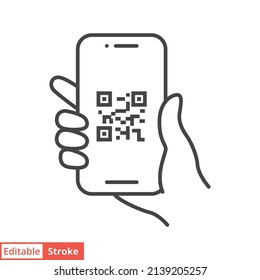 QR code scanning in smartphone screen. Hand holding Mobile phone. Simple line icon style, barcode scanner for pay, web, mobile app. Vector illustration isolated. Editable stroke EPS 10.