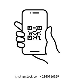 QR code scanning in smartphone screen. Hand holding Mobile phone. Simple line icon style, barcode scanner for pay, web, mobile app. Vector illustration isolated. EPS 10.