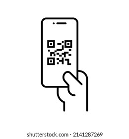 QR code scanning in smartphone screen. Hand holding Mobile phone. Simple line icon style, barcode scanner for pay, web, mobile app. Vector illustration isolated. EPS 10.