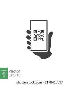 QR code scanning in smartphone screen. Hand holding Mobile phone. Simple solid icon style, barcode scanner for pay, web, mobile app. Vector illustration isolated. EPS 10.