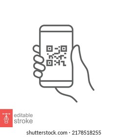 QR code scanning in smartphone screen. Hand holding Mobile phone. Simple line icon style, barcode scanner for pay, web, mobile app. Vector illustration isolated. Editable stroke EPS 10.