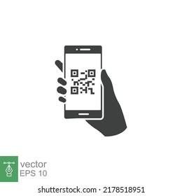 QR code scanning in smartphone screen. Hand holding Mobile phone. Simple solid icon style, barcode scanner for pay, web, mobile app. Vector illustration isolated. EPS 10.