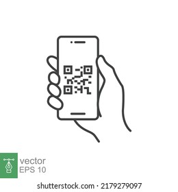 QR code scanning in smartphone screen. Hand holding Mobile phone. Simple line icon style, barcode scanner for pay, web, mobile app. Vector illustration isolated. EPS 10.