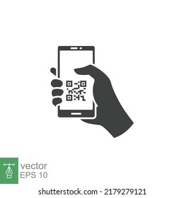 QR code scanning in smartphone screen. Hand holding Mobile phone. Simple solid icon style, barcode scanner for pay, web, mobile app. Vector illustration isolated. EPS 10.