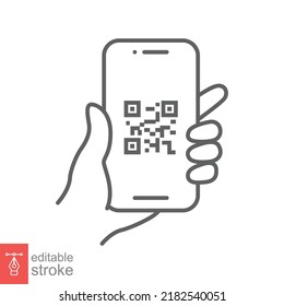QR code scanning in smartphone screen. Hand holding Mobile phone. Simple line icon style, barcode scanner for pay, web, mobile app. Vector illustration isolated. Editable stroke EPS 10.