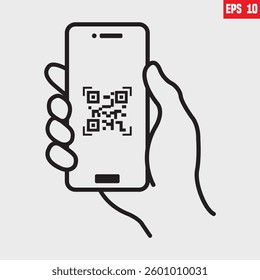 QR code scanning in smartphone screen. Hand holding Mobile phone. Simple line icon style, Barcode scanner for pay, web, mobile app. Vector illustration isolated.                                  