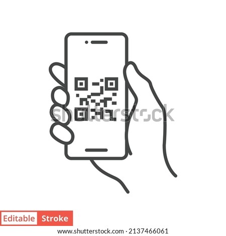 QR code scanning in smartphone screen. Hand holding Mobile phone. Simple line icon style, barcode scanner for pay, web, mobile app. Vector illustration isolated. Editable stroke EPS 10.