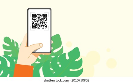Qr code scanning template vector illustration. Close-up of a hand holding a smartphone with qr code on screen. Background with decorative flowers.