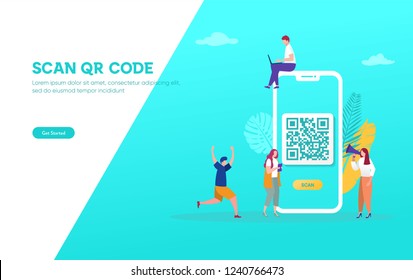 QR Code Scanning Vector Illustration Concept, People Use Smartphone And Scan Qr Code For Payment And Everything, Can Use For, Landing Page, Template, Ui, Web, Mobile App, Poster, Banner, Flyer
