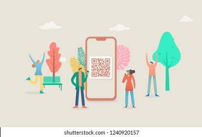 QR Code Scanning Vector Illustration Concept, People Use Smartphone And Scan Qr Code For Payment And Everything, Can Use For, Landing Page, Template, Ui, Web, Mobile App, Poster, Banner, Flyer