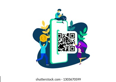 QR code scanning vector illustration concept, people use smartphone and scan qr code for payment and everything, can use for, landing page, template, ui, web, mobile app, poster, banner, flyer 	
QR co