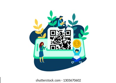 QR code scanning vector illustration concept, people use smartphone and scan qr code for payment and everything, can use for, landing page, template, ui, web, mobile app, poster, banner, flyer 	
QR co