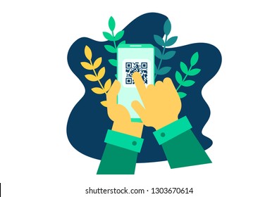 QR code scanning vector illustration concept, people use smartphone and scan qr code for payment and everything, can use for, landing page, template, ui, web, mobile app, poster, banner, flyer 	
QR co