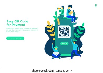 QR code scanning vector illustration concept, people use smartphone and scan qr code for payment and everything, can use for, landing page, template, ui, web, mobile app, poster, banner, flyer 	
QR co