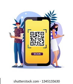 QR Code Scanning Vector Illustration Concept, People Use Smartphone And Scan QR Code For Payment And Everything, Can Use For Landing Page Template, Ui, Web, Mobile App, Poster, Banner, Flyer 