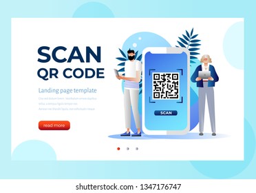 	
QR code scanning vector illustration concept, people use smartphone and scan qr code for payment and everything, can use for, landing page, template, ui, web, mobile app, poster, banner, flyer