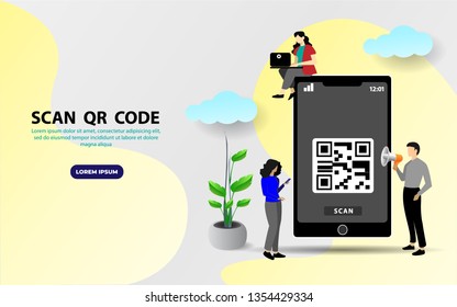 QR code scanning vector illustration concept, people use smartphone and scan qr code for payment and everything, can use for, mobile app, poster, banner, flyer,landing page, template, ui, web,