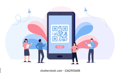 QR Code Scanning Vector Illustration Concept, People Use Smartphone And Scan Qr Code For Payment And Everything, Can Use For, Landing Page, Template, Ui, Web, Mobile App, Poster, Banner, Flyer