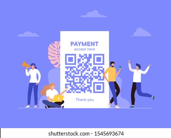QR code scanning vector illustration concept, people use smartphone and scan qr code for payment 