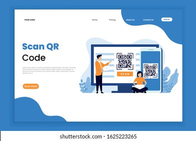 QR code scanning vector illustration landing page with people scan code. Scan QR code for payment and everything.