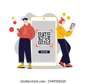 QR code scanning vector illustration concept, people use smartphone and scan QR code for payment. Flat style illustration with characters 