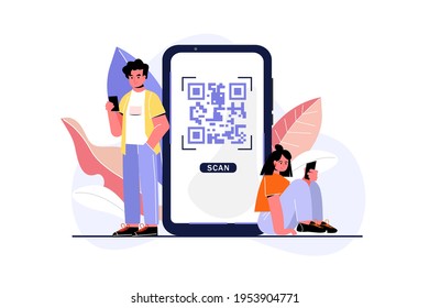 QR Code Scanning Vector Illustration Concept, People Use Smartphone And Scan QR Code For Payment And Everything, Can Use For, Landing Page, Template, UI, Web, Mobile App, Poster, Banner, Flyer