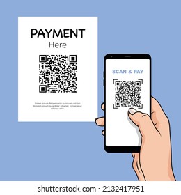 QR code scanning vector illustration concept, pay invoice by qr code with mobile phone, online payment with smartphone