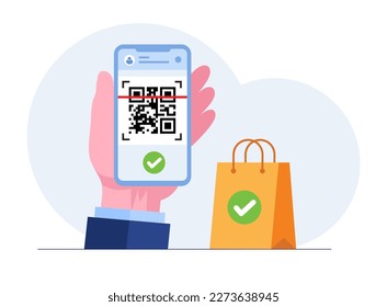 QR code scanning vector illustration concept, people use smartphone and scan QR code for payment and everything, can use for landing page template, ui, web, mobile app, poster, banner, flyer