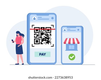 QR code scanning vector illustration concept, people use smartphone and scan QR code for payment and everything, can use for landing page template, ui, web, mobile app, poster, banner, flyer