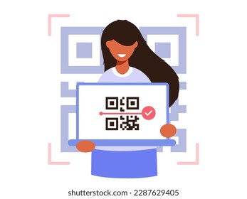 QR code scanning vector illustration concept, a girl holding a laptop with a QR code on the screen. Scanning to pay or get information. Modern technology creative flat vector.