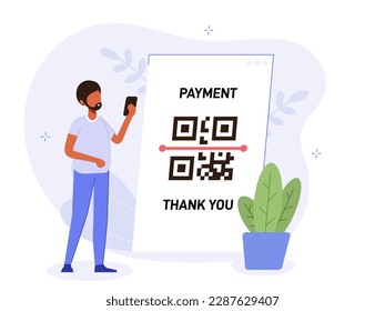 QR code scanning vector illustration concept, people use a smartphone and scan the qr code to pay. Barcode on screen. Modern technology creative flat vector.