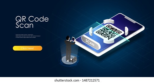QR code scanning vector isometric llustration concept, smartphone and scan qr code for payment and everything, can use for, landing page, template, ui, web, mobile app, poster, banner
