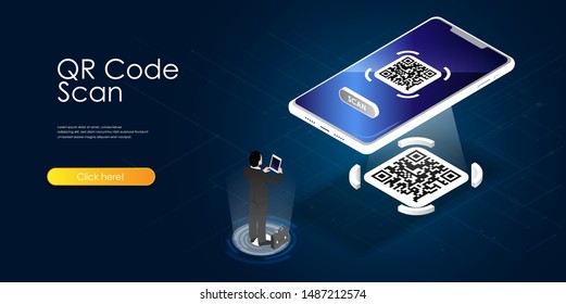 QR code scanning vector isometric llustration concept, smartphone and scan qr code for payment and everything, can use for, landing page, template, ui, web, mobile app, poster, banner
